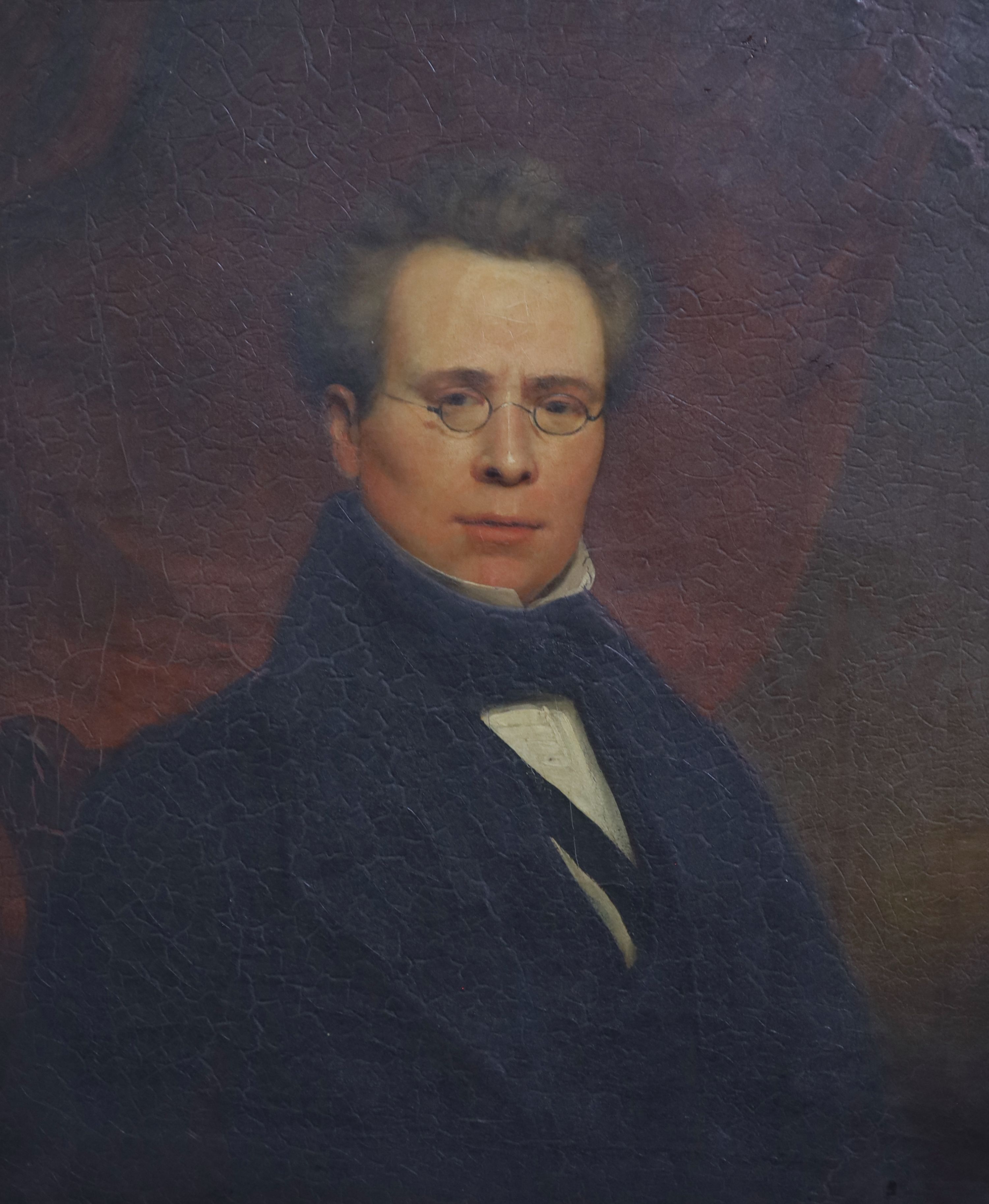 English School c.1880, oil on canvas, Half length portrait of a gentleman wearing spectacles, 72 x 60cm